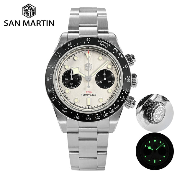 San Martin Men Sports Watch 40mm Panda BB Chronograph Retro Luxury Seagull ST1901 Manual Mechanical Sapphire 10Bar Luminous