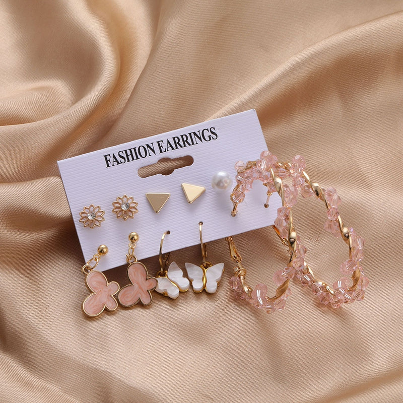 Vintage Butterfly Pearl Earrings Set for Women Circle Drop Earring Trendy Jewelry Gift