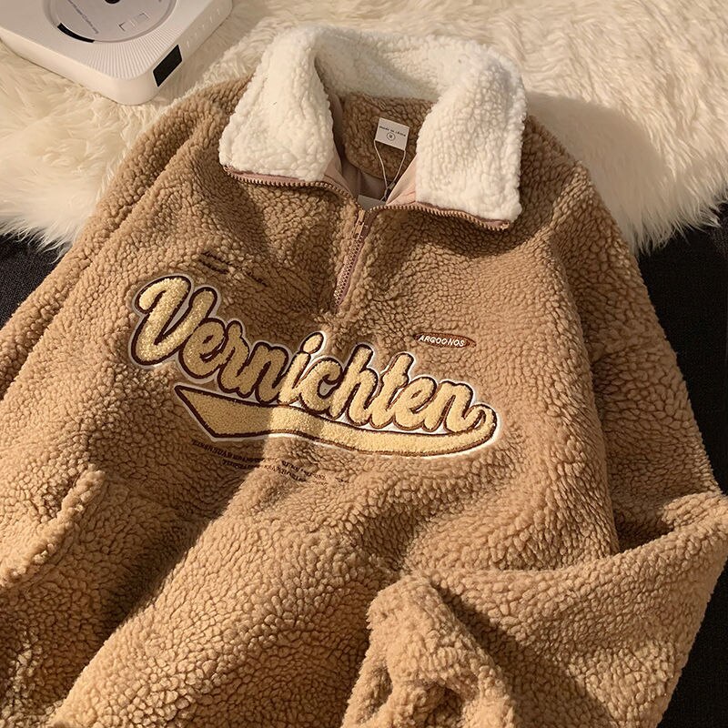 New Vintage Punk Sweatshirts Women Casual V-neck Letter Embroidery Hoodies Harajuku Baseball Lambswool Oversized Pullovers Top
