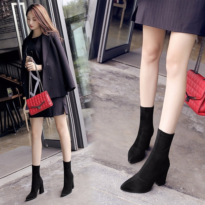 Ankle Chunky High Heel Sock Chelsea Boots Women Autumn Fashion Pointed Frosted Suede Short Boots Female Pumps Sexy Warm Boots