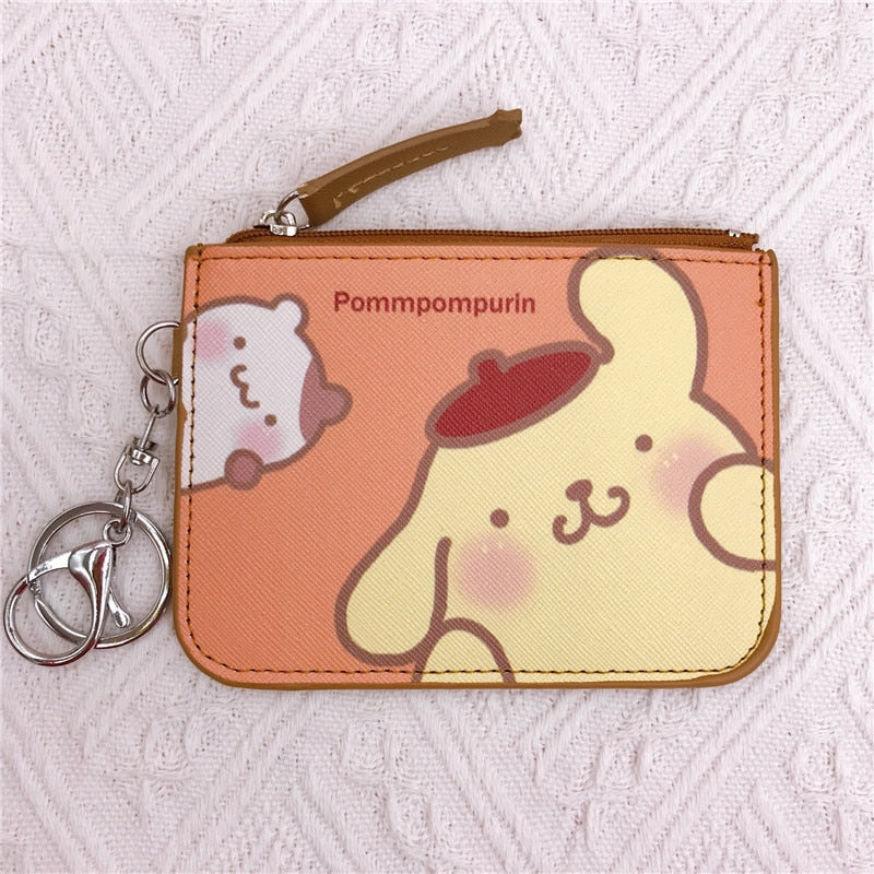 Kawaii  Sanrio Cartoon Bag Cinnamoroll Melody Pachacco Pom Pom Purin Kuromi Leather Card Holder Cute Coin Purse Keychain Pendant