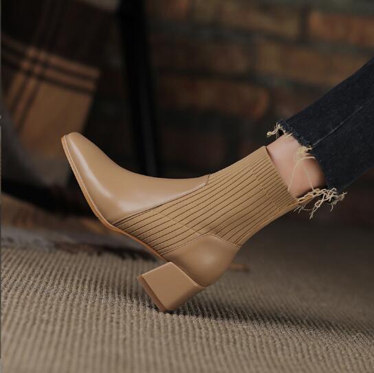 Knit Long Socks Boots for Women 2022 New Knee-high Stretch Knitted Square Heel High Boots Female Fashion Square Toe Socks Shoes