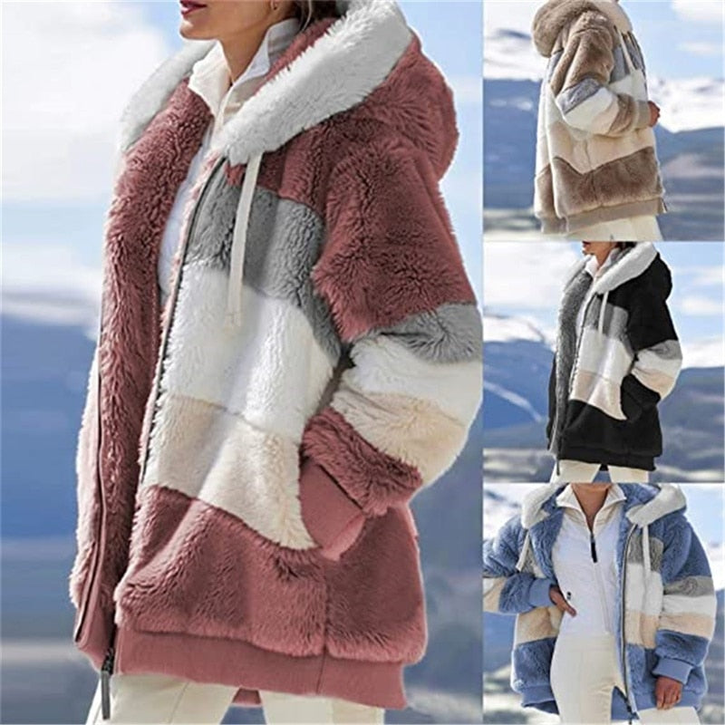 2022 Women Hooded Jackets Winter Fleece Warm Zipper Casual Patchwork Coats Fashion Loose Faux Fur Parka Drawstring Jackets Coats