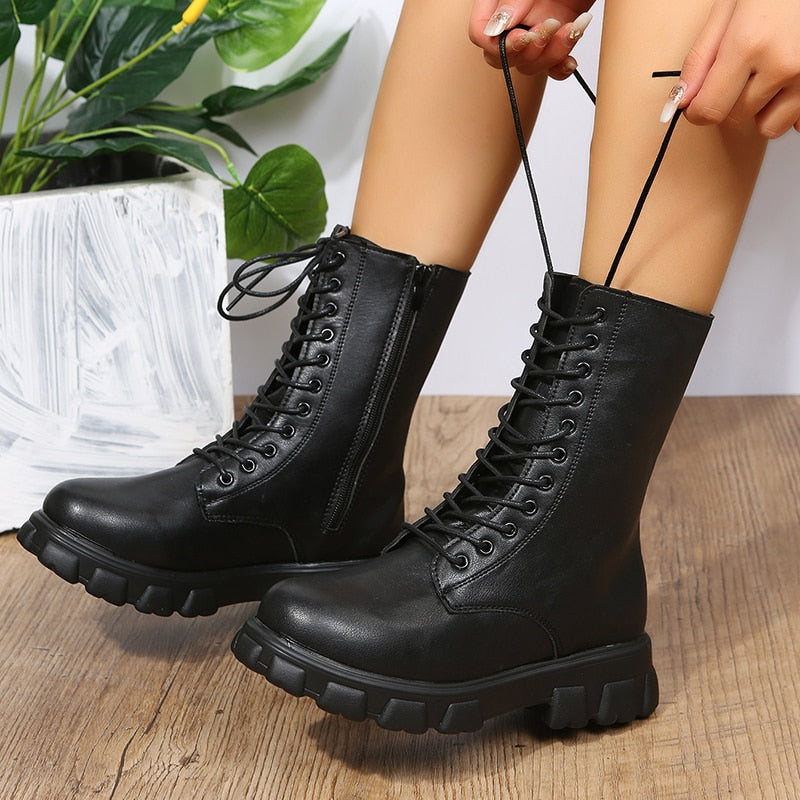 Women Motorcycle Boots Wedges Flat Shoes Woman High Heel Platform PU Leather Boots Lace Up Women Shoes Black Boots Girls