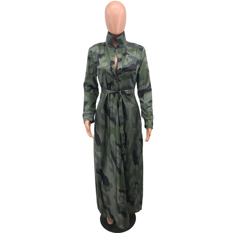 Spring Fall Camouflage Long Dresses Women Long Sleeve Slim Maxi Floor Length Dress Causal Turn-Down Collar Button Up Shirt Dress