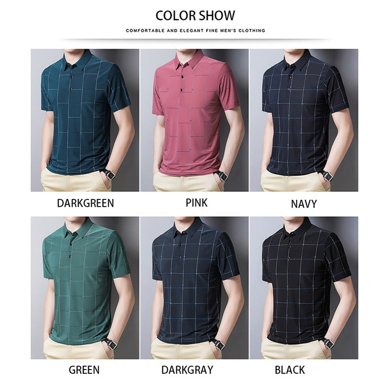 BROWON New Graphic T-shirt Men Summer Business Short Sleeved T-shirt Casual Loose Plaid Turn-down Collar T Shirts for Men