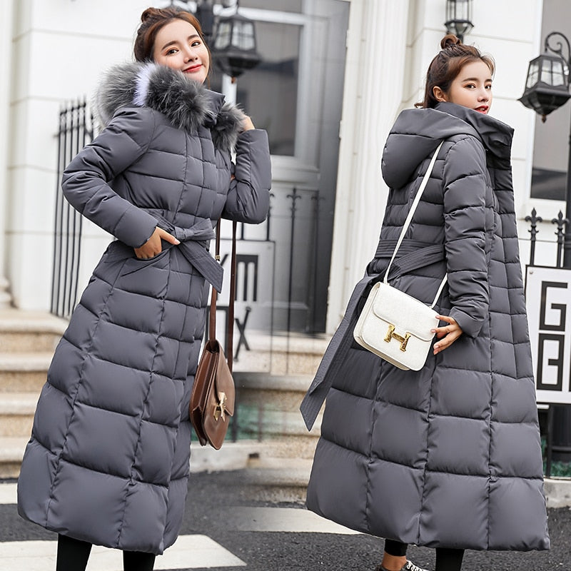 2022 new winter jacket women&#39;s warm fashion bow belt fox fur collar coat long dress women&#39;s thick coat