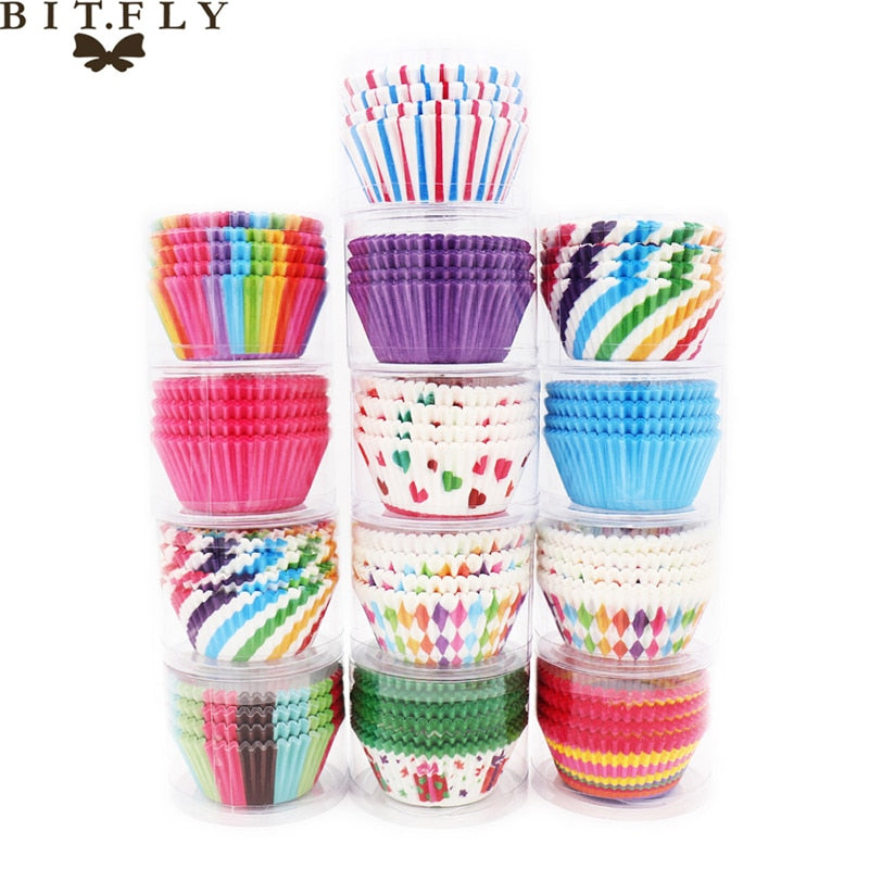 BITFLY 100Pcs Rainbow Cupcakes Paper Liners Muffin Cases Cupcake Topper Tray Baking Accessories Pastry Decoration Kitchen Tools