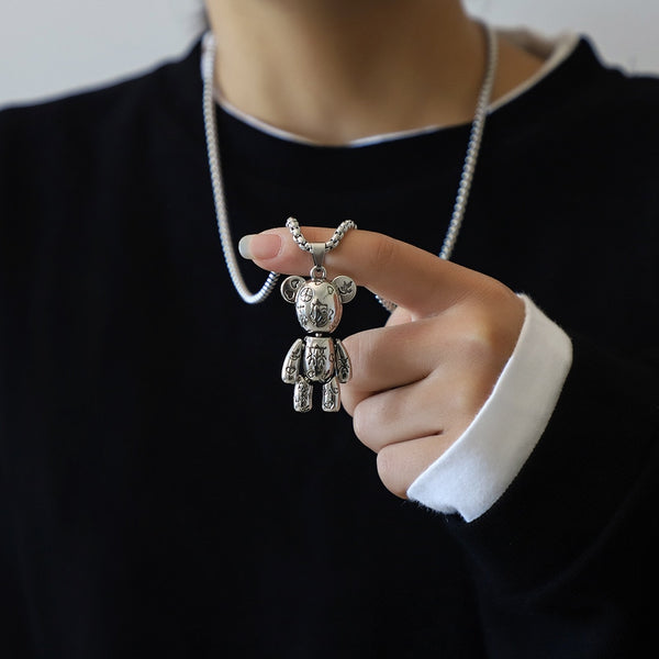 Movable Violent Bear Pendant Titanium Steel Necklace HipHop Men and Women Punk Couple Sweater Chain Female Niche Sweater Pendant