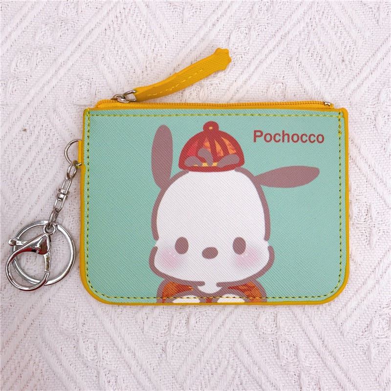 Kawaii  Sanrio Cartoon Bag Cinnamoroll Melody Pachacco Pom Pom Purin Kuromi Leather Card Holder Cute Coin Purse Keychain Pendant