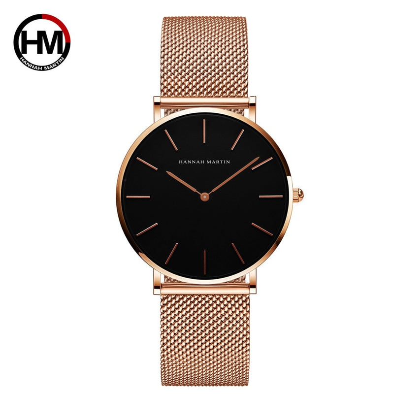 Japan Quartz Movement High Quality 36mm Hannah Martin Women Stainless Steel Mesh Rose Gold Waterproof Ladies Watch Dropshipping