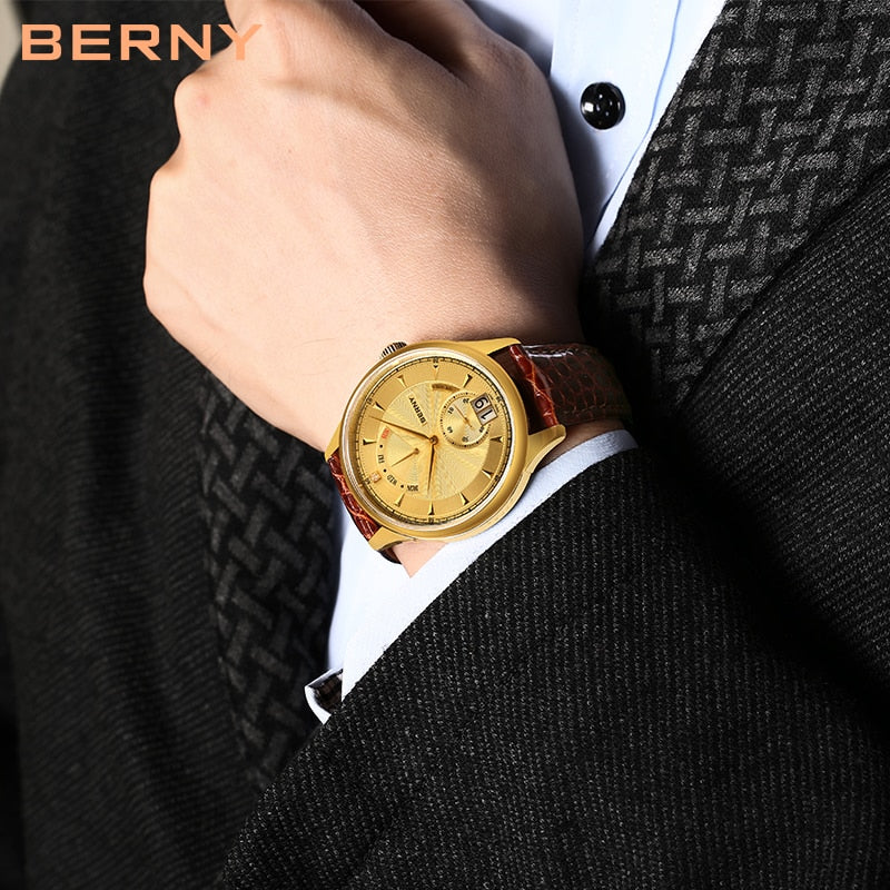 Berny 18K Gold Men Watches Swiss Movement Quartz Wristwatch Day Date Calendar Luxury Business Style Wateproof Relogio Masculino