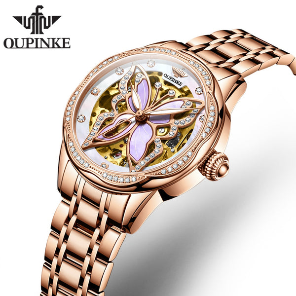OUPINKE Automatic Mechanical Watches for Women Luxury Sapphire Mirror Rose Gold Stainless Steel Watchband Ladies Wristwatch 3239