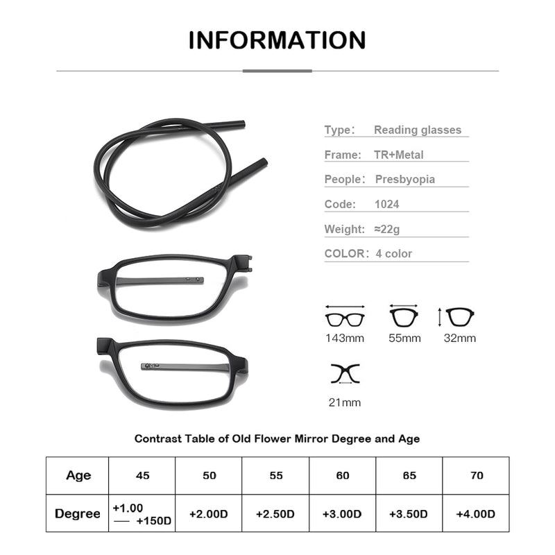 DML Brand Adjustable Elastic Hanging Neck Reading Glasses Portable Not Easy To Lose High-Grade TR Material Square Frame Unisex