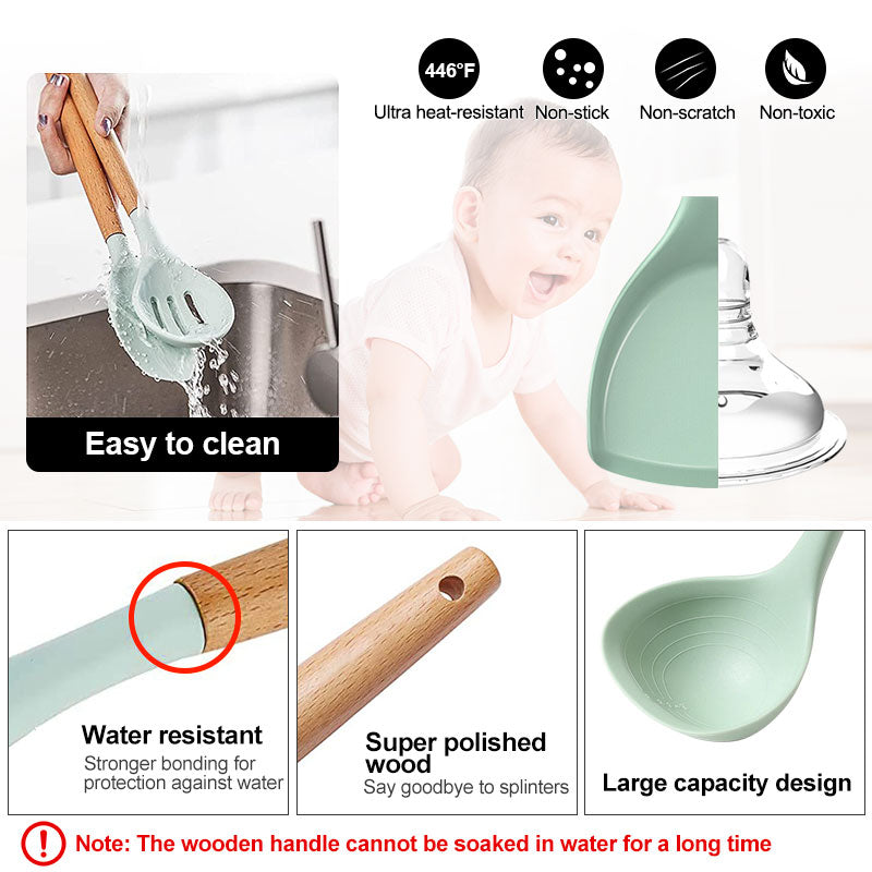 Silicone Kitchen Utensils Set Non-Stick Cookware for Kitchen Wooden Handle Spatula Egg Beaters Kitchenware Kitchen Accessories