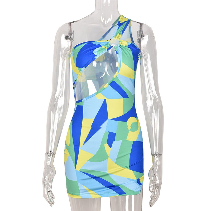 ANJAMANOR Fashion Geometric Print Women Dresses Summer 2022 Club Asymmetrical Cut Out One Shoulder Bodycon Mini Dress D82-BB15