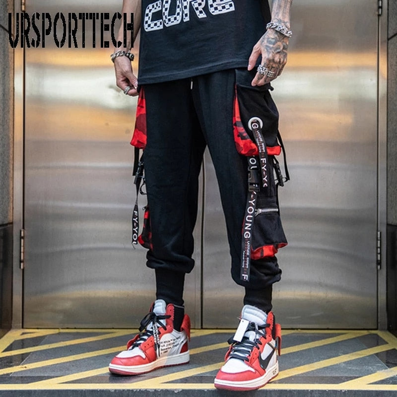 Hip Hop Joggers Men Letter Ribbons Cargo Pants Pockets Track Tactical Casual Techwear Male Trousers Sweatpants Sport Streetwear