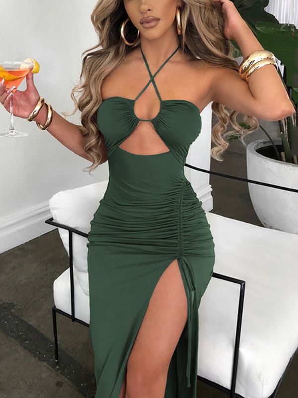 Cryptographic Hot Summer Sexy Halter Backless Sleeveless Cut Out Maxi Dress for Women Elegant Club Party Slit Dresses Vestido