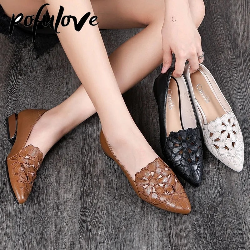 Pofulove Mid Heel Shoes Women Heels Wedding PU Leather Hollow Out Black Square Heel Formal Shoes Office Lady Spring Fall Zapatos