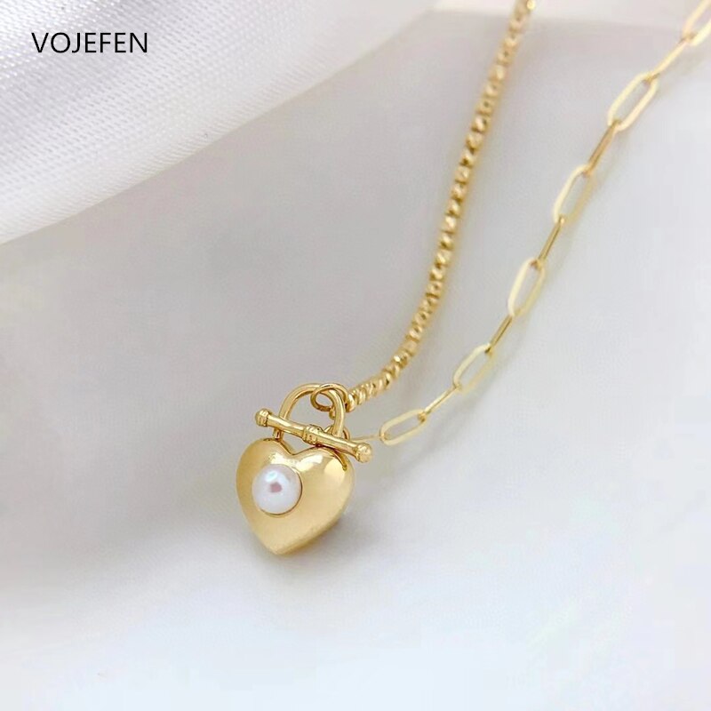 VOJEFEN Original 18K Gold Heart Pendant Necklace Jewelry For Women Pearl Pendant Beads Double Chains Link Dainty Necklace Luxury