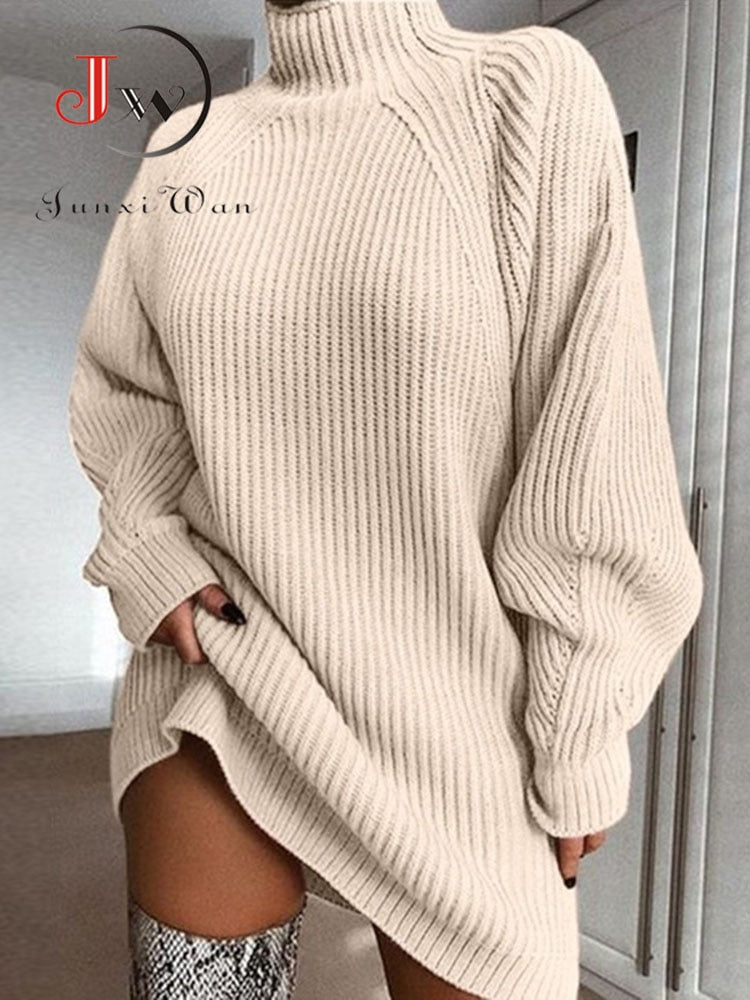Women Turtleneck Oversized Knitted Dress Autumn Solid Long Sleeve Casual Elegant Mini Sweater Dress Winter Clothes