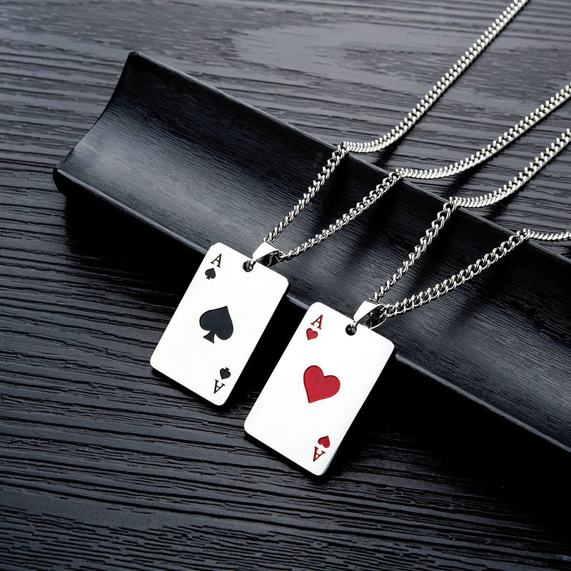 Men Statement Poker Lucky Ace of Spades Pendant Necklace Red Black Silver Color Stainless Steel Long Chain Necklaces Jewelry