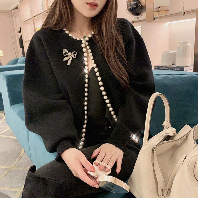 2022 New Fashion Korean Jackets Pearls Cardigan Batwing Sleeve Wool Knit Vintage Women&