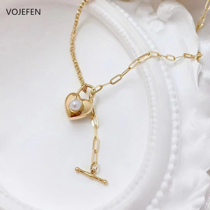 VOJEFEN Original 18K Gold Heart Pendant Necklace Jewelry For Women Pearl Pendant Beads Double Chains Link Dainty Necklace Luxury