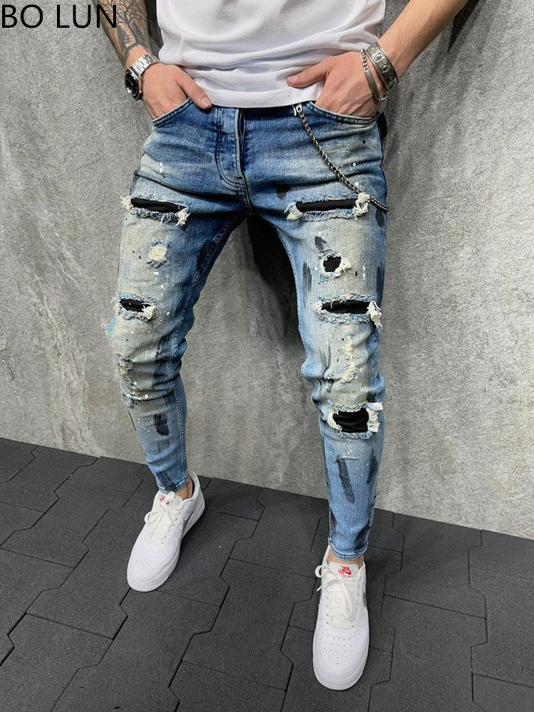 2022 Skinny Jeans Men Painted Stretch Slim Fit Ripped Distressed Pleated Knee Patch Denim Pants Brand casual trousers