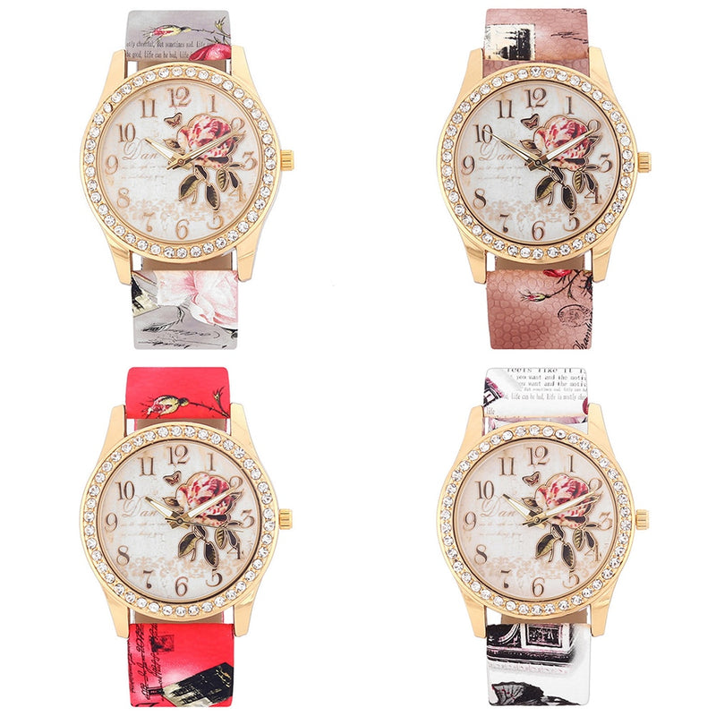 Fashion Women Rhinestone Quartz Watch Print Rose Pattern Dial Ladies Watch Leather Strap Women Wrist Watch Reloj  Montre