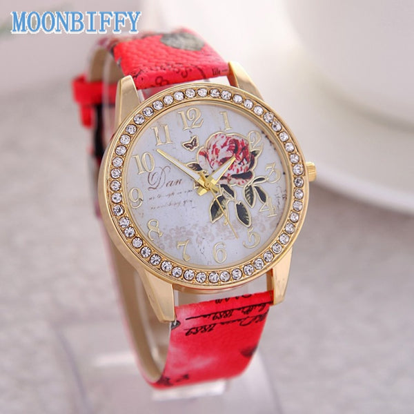 Fashion Women Rhinestone Quartz Watch Print Rose Pattern Dial Ladies Watch Leather Strap Women Wrist Watch Reloj  Montre