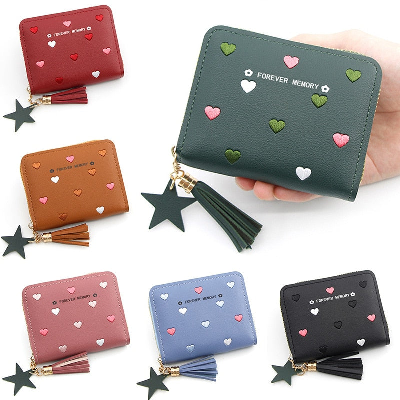 Heart-shaped Spots Women Mini Tassel Wallet Ladies Cute Girl Short Zipper Lovely PU Leather Coin Purse Female Money Bag