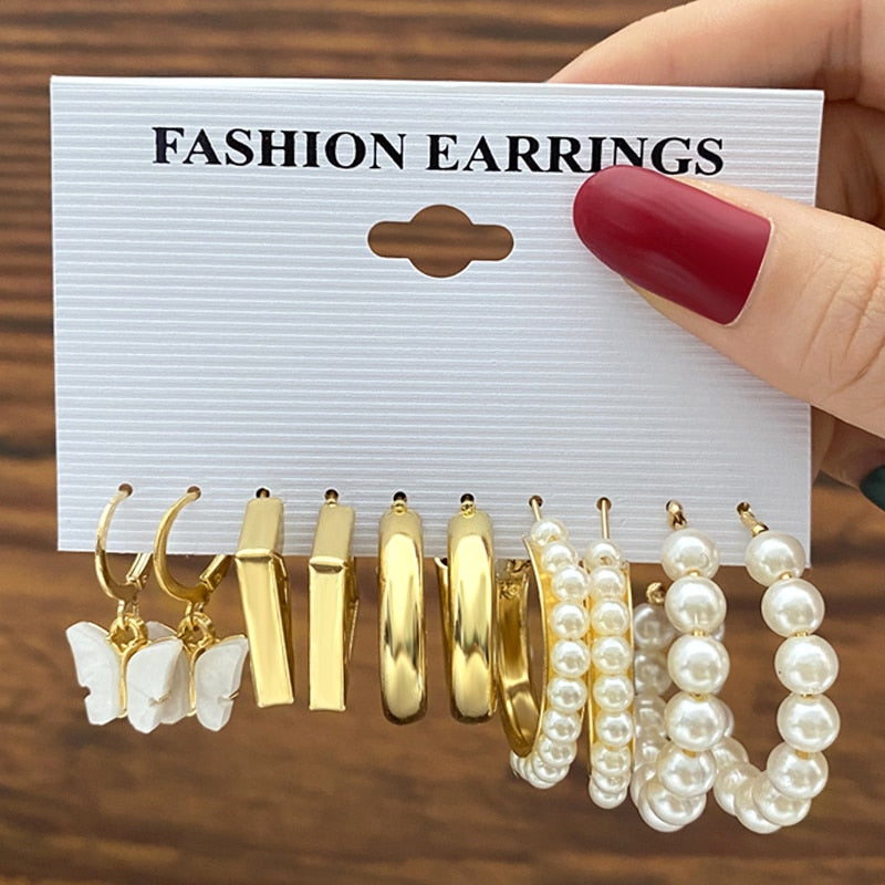 17KM Bohemian Gold Color Pearl Earrings Set For Women Girls 27 Styles Butterfly Acrylic Resin Hoop Earring Brincos Party Jewelry