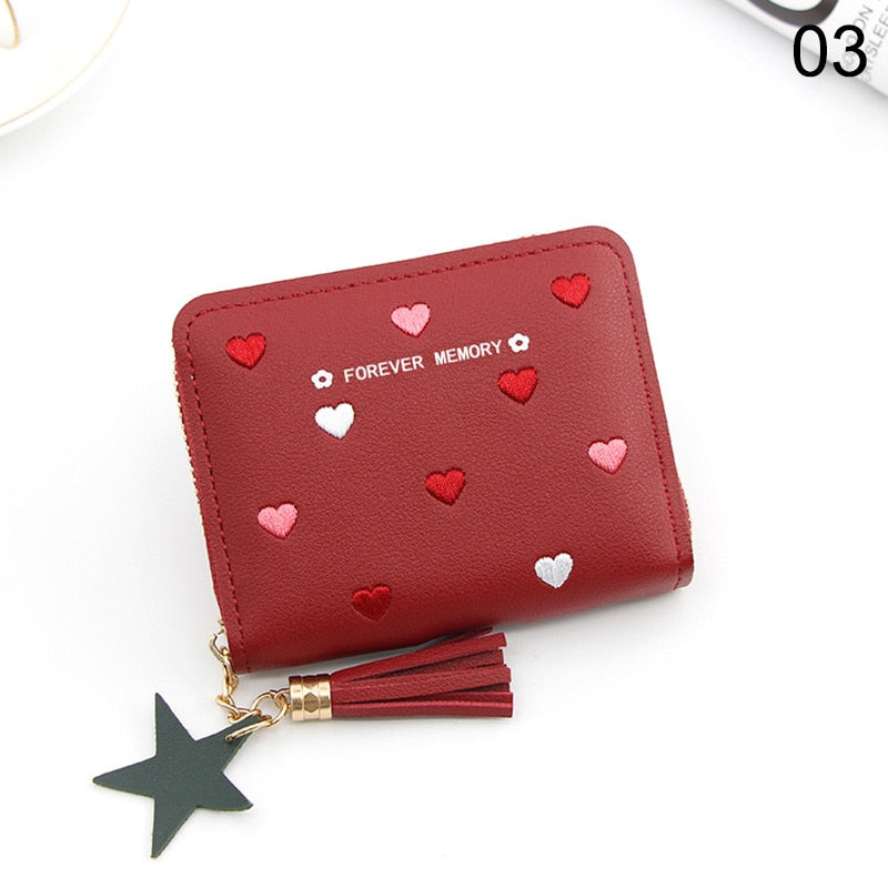 Heart-shaped Spots Women Mini Tassel Wallet Ladies Cute Girl Short Zipper Lovely PU Leather Coin Purse Female Money Bag