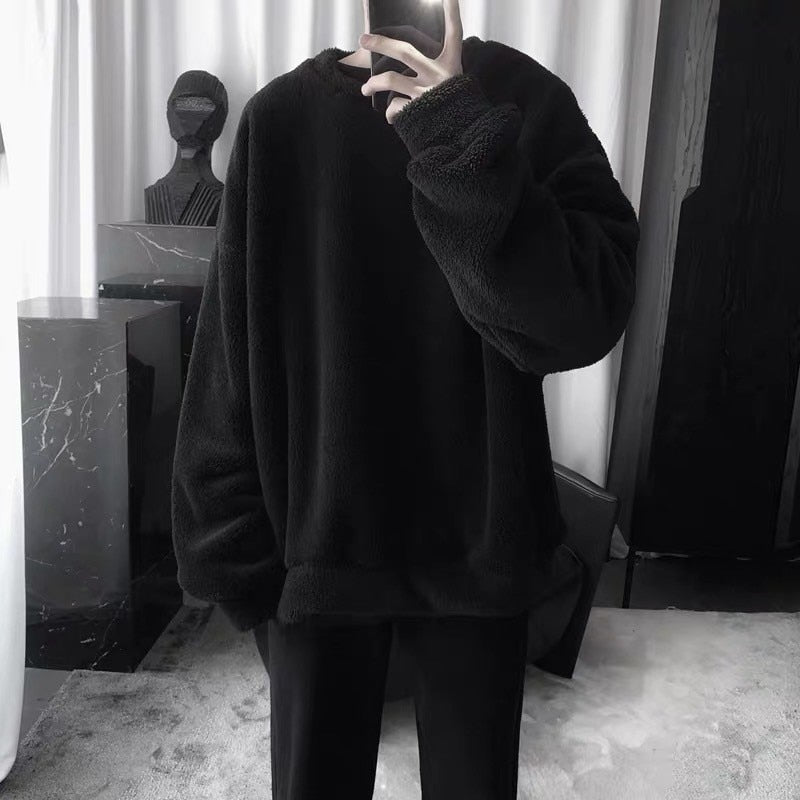 Oversize Sweatshirt Solid Color Lamb Hair O-Neck Long Sleeve Men&