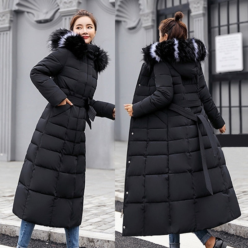 2022 new winter jacket women&#39;s warm fashion bow belt fox fur collar coat long dress women&#39;s thick coat