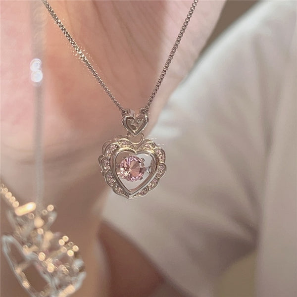 Korean Fashion Vintage Hollow Pink Crystal Heart Pendant Silver Color Chain Neck Necklace For Women Wedding Aesthetic Jewelry