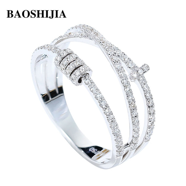 BAOSHIJIA Solid 18k White Gold Ring Fashion Personality Natural Real Diamond Jewelry for Women Band Luxurious