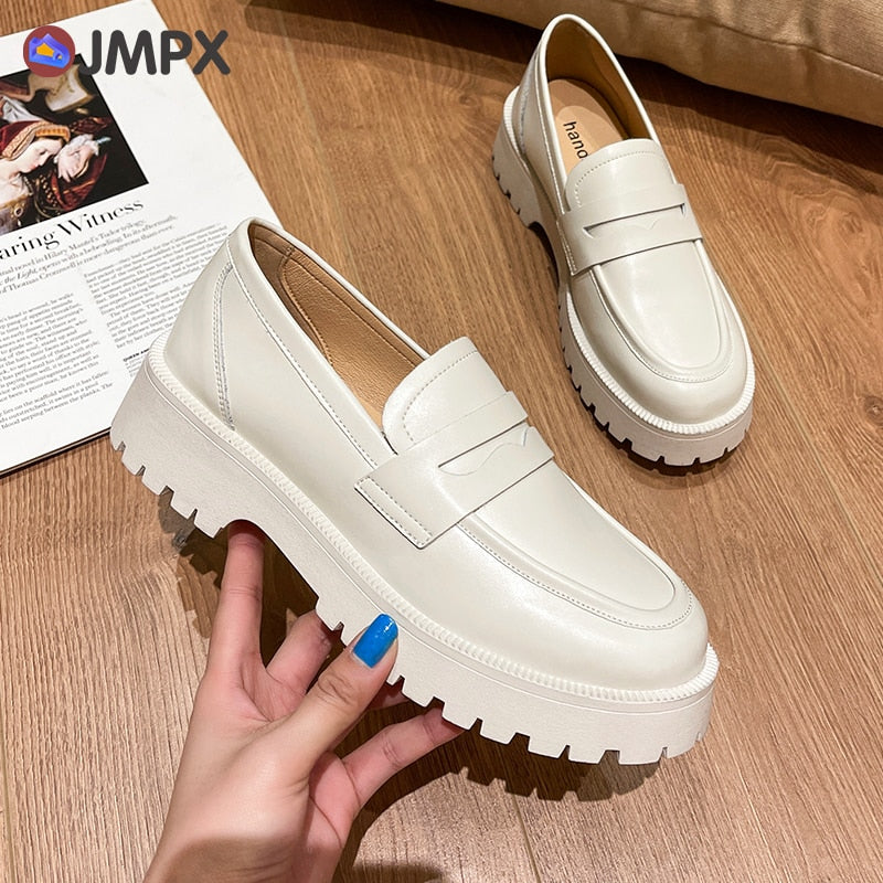 JMPX 2022 Brand Women Real Leather Shoes Fashion Autumn White High Platform Thick Heel Shoes Big Size 42 Woman Office Lady Pumps