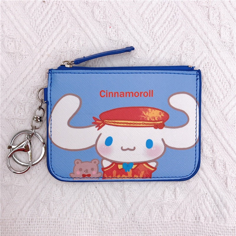 Kawaii  Sanrio Cartoon Bag Cinnamoroll Melody Pachacco Pom Pom Purin Kuromi Leather Card Holder Cute Coin Purse Keychain Pendant