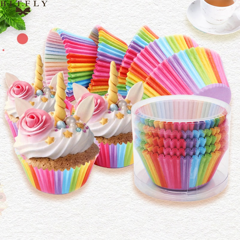 BITFLY 100Pcs Rainbow Cupcakes Paper Liners Muffin Cases Cupcake Topper Tray Baking Accessories Pastry Decoration Kitchen Tools