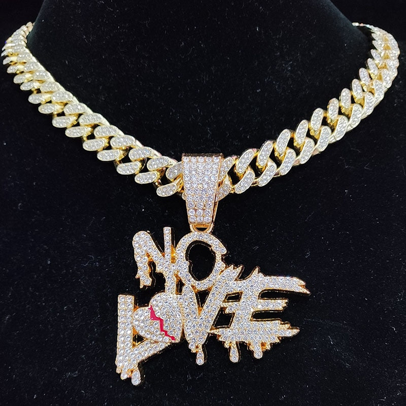 Hip Hop Cuban Chains NO LOVE Necklace Pendants for Men and Women Heart Broke Statement Necklaces Jewelry Iced Out Bling Chain