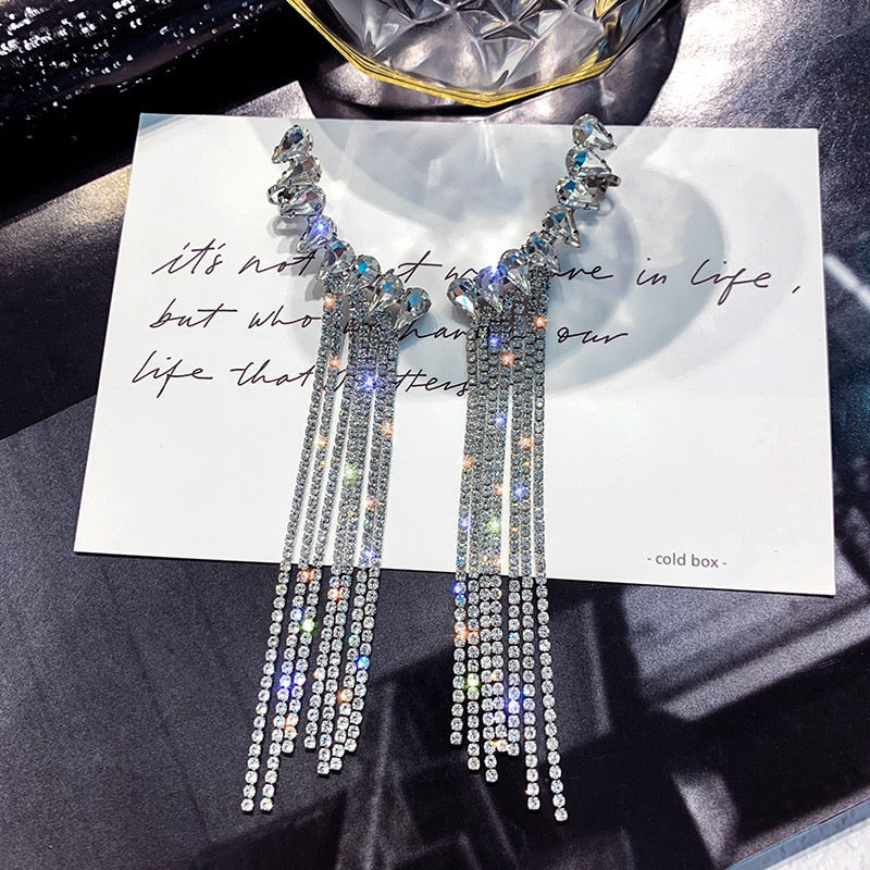 New Long Crystal Tassel Drop Earrings for Women Rhinestone Shiny Hanging Dangle Earrings Wedding Party Jewelry Gift 2022