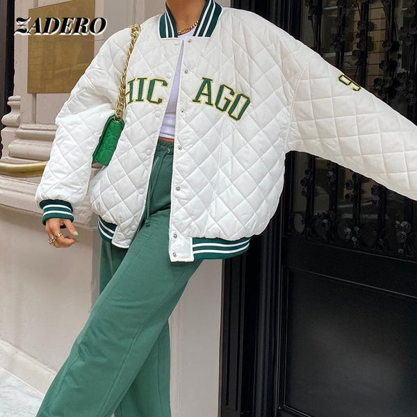 Y2k Green Print Fashion Baseball Bomber Coat 2022 Autumn Winter Oversized Patchwork Jacket Varsity Women Casual White