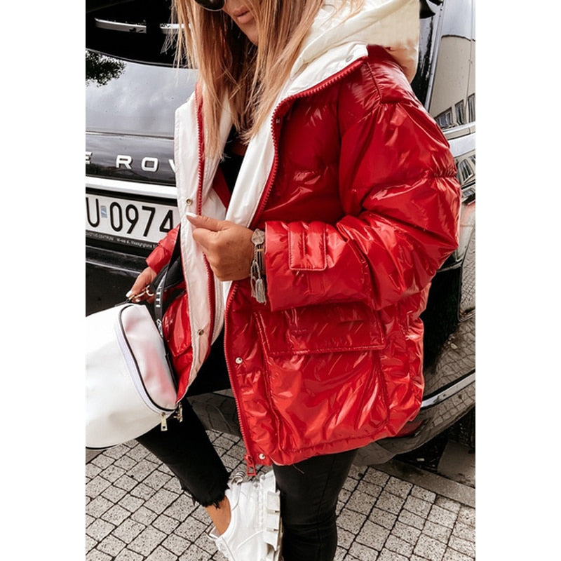 Winter Shiny Hooded Coat Women Long Sleeve Zipper Casual Street Style Bomber Jacket Thick Warm Parka Outerwear  2021