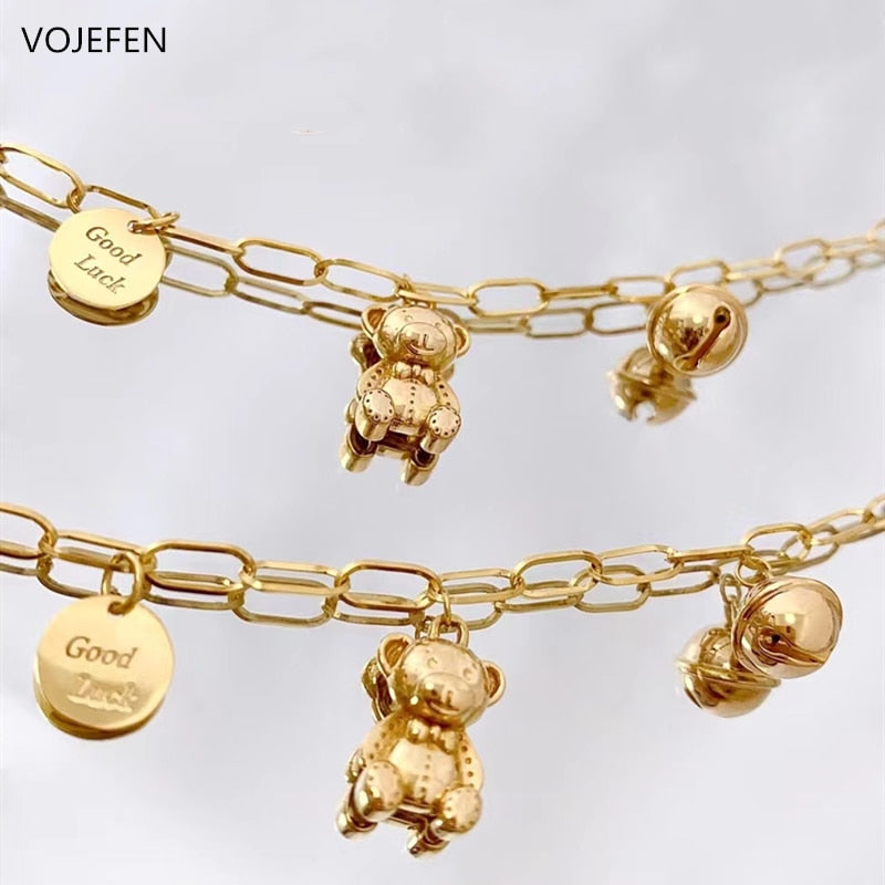 VOJEFEN Genuine 18k Pure Gold Pendants Bracelet Luxury Bear and Bell Lucky Tag Jewelry AU750 Chains Women&