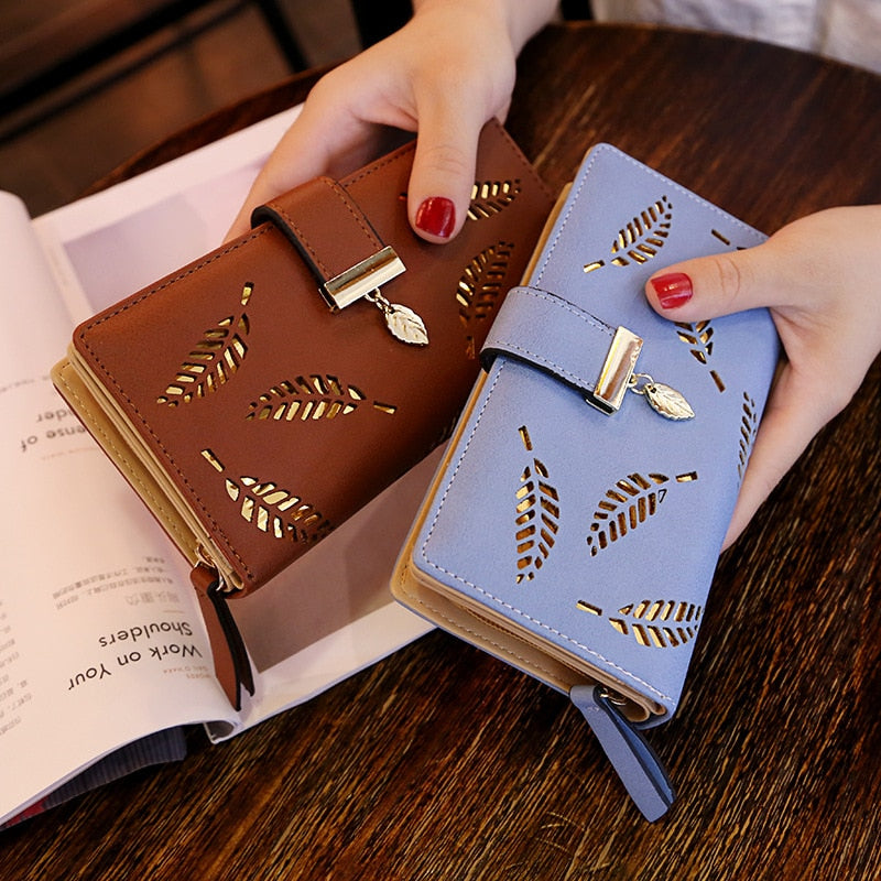 EXBX Women Wallet Hollow Golden Leaf Buckle Wallet PU Leather Purse Female Long Wallet for Women Coin Purse Card Holders Clutch