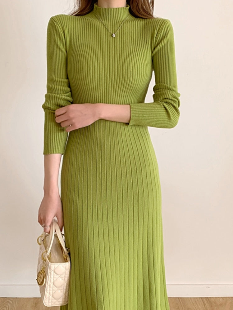 Autumn Winter 2022 Slim Long Sleeve Party Midi Dress for Women Knitted Half High Collar Elegant Knitted Sweater Dresses Ladies