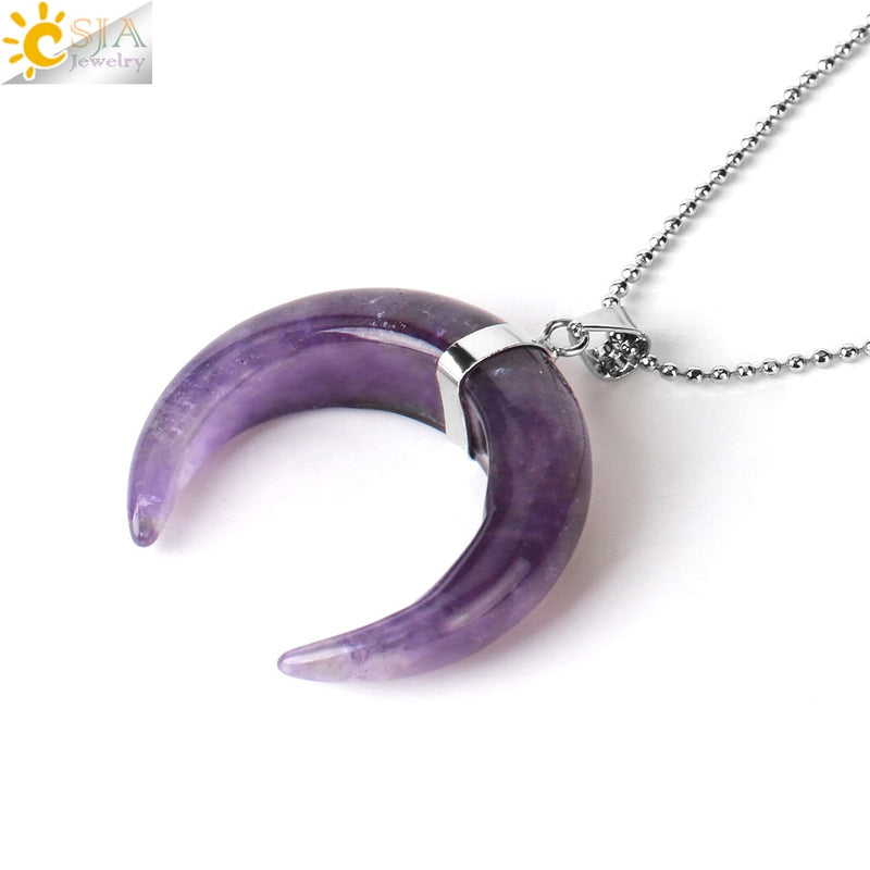 CSJA Natural Stones Crescent Moon Necklaces Pendants Purple Crystal Pink Quartz White Stone Gold Color Reiki Women F306