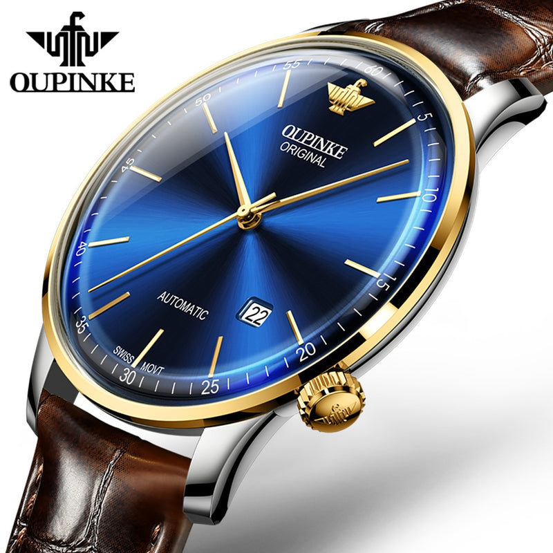 OUPINKE Original Mechanical Watches for Men Luxury Real Diamond Sapphire Crystal Roman Numerals Business Dress Style Wrist Watch